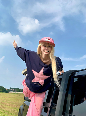 JMJ美式复古五角星刺绣一字领露肩长袖卫衣女辣妹休闲显瘦上衣