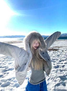 JMJ 美式复古设计感大毛领连帽棉服女冬季加厚宽松休闲潮流外套