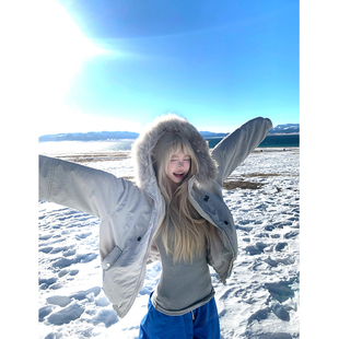 加厚宽松休闲潮流外套 复古设计感大毛领连帽棉服女冬季 JMJ 美式