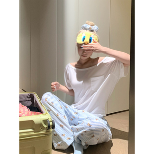 JMJ 美式复古口袋一字领露肩短袖T恤女夏季宽松休闲百搭透气上衣