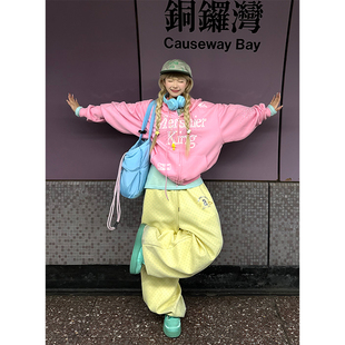 男女宽松休闲慵懒垂感直筒长裤 复古波点满印阔腿卫裤 美式 JMJ