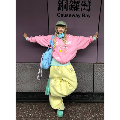 JMJ 美式复古波点满印阔腿卫裤男女宽松休闲慵懒垂感直筒长裤