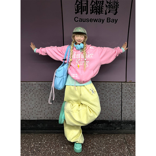 JMJ 美式复古波点满印阔腿卫裤男女宽松休闲慵懒垂感直筒长裤