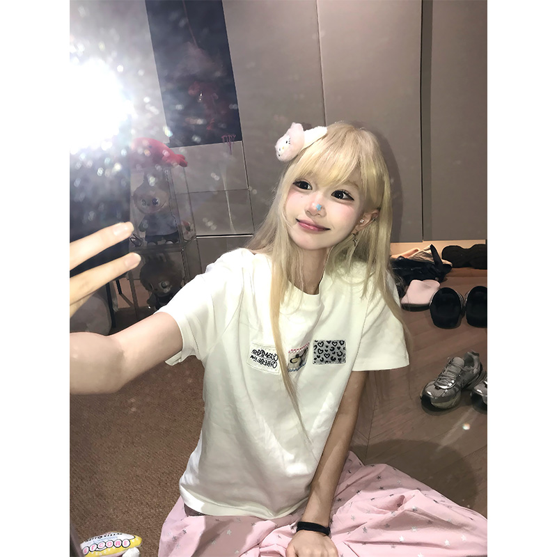 JMJ 美式复古趣味贴布绣正肩短袖T恤男女夏季百搭慵懒打底衫上衣