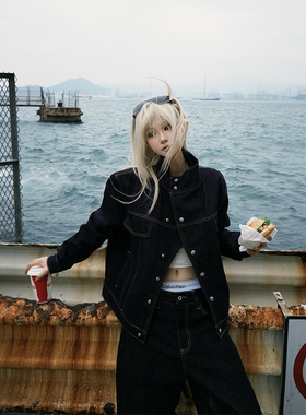 JMJ美式复古廓形设计感牛仔外套男女宽松休闲百搭夹克上衣