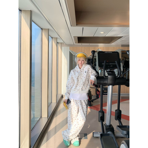 JMJ 美式复古星星头像满印阔腿卫裤男女宽松休闲直筒运动长裤