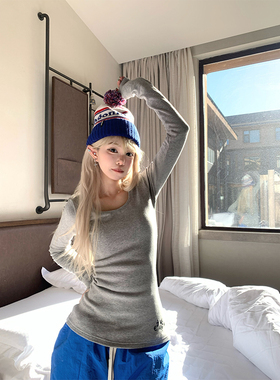 JMJ 美式简约基础款U领长袖T恤女辣妹修身显瘦百搭运动打底上衣