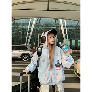 外套 设计感烫钻字母连帽卫衣男女春秋宽松百搭潮牌帽衫 JMJ 美式