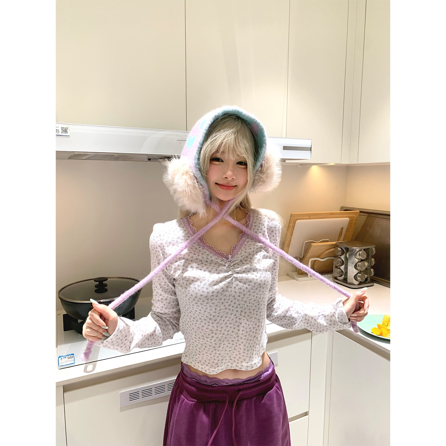 JMJ 美式慵懒风碎花满印V领长袖T恤女秋季休闲显瘦百搭打底上衣