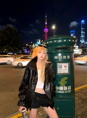 JMJ 美式复古高级感PU皮衣机车夹克男女春秋宽松百搭痞帅上衣外套