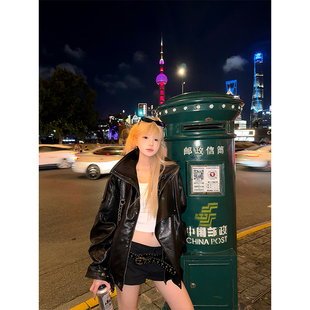 JMJ 复古高级感PU皮衣机车夹克男女春秋宽松百搭痞帅上衣外套 美式