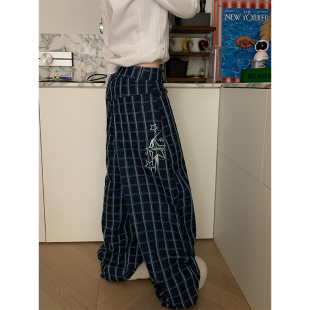 男女宽松直筒阔腿拖地长裤 星星刺绣慵懒松弛感格子休闲裤 美式 JMJ