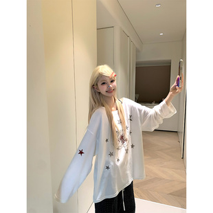 JMJ 星星字母長袖 T恤男女簡約寬松休閑防曬松弛感打底衫 自制美式