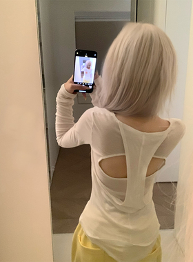 JMJ 美式小众设计镂空后背长袖T恤女辣妹休闲显瘦打底百搭上衣