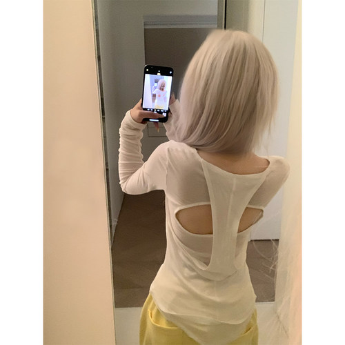 JMJ 美式小众设计镂空后背长袖T恤女辣妹休闲显瘦打底百搭上衣