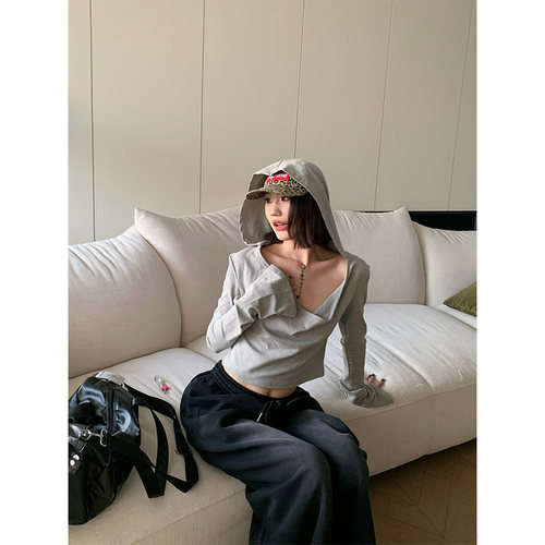 JMJ 美式长袖连帽宽松T恤女辣妹夏季慵懒感性感短款基础百搭上衣
