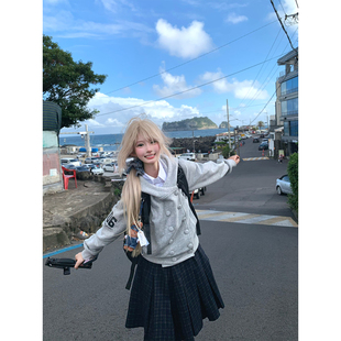 JMJ 美式双排扣字母刺绣连帽开衫卫衣男女秋季宽松休闲百搭外套