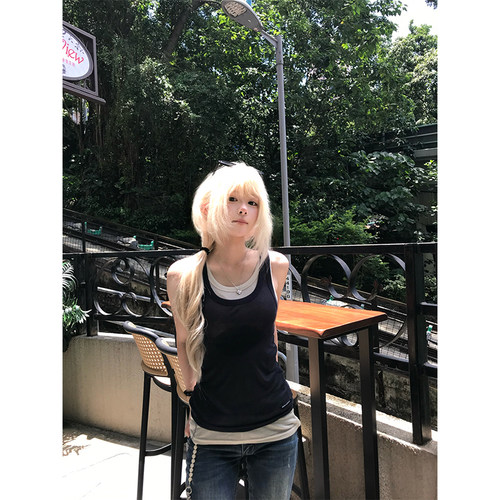JMJ 美式设计感拼色无袖假两件背心女辣妹修身显瘦百搭透气上衣