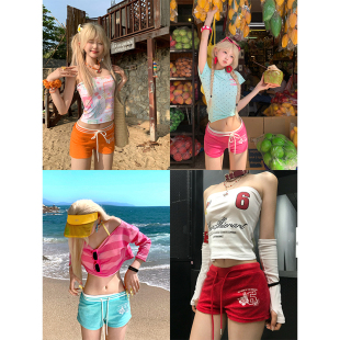 女辣妹夏季 JMJ 美式 毛巾布沙滩抽绳三分裤 运动休闲百搭直筒短裤