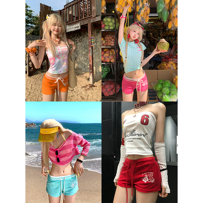 JMJ 美式毛巾布沙滩抽绳三分裤女辣妹夏季运动休闲百搭直筒短裤
