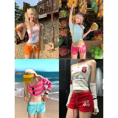 夏季多巴胺穿搭粉色短裤女