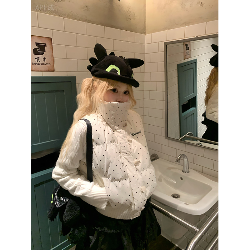 JMJ 美式复古波点拼接针织长袖棉服女秋冬宽松休闲保暖假两件外套