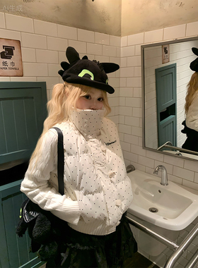 JMJ 美式复古波点拼接针织长袖棉服女秋冬宽松休闲保暖假两件外套