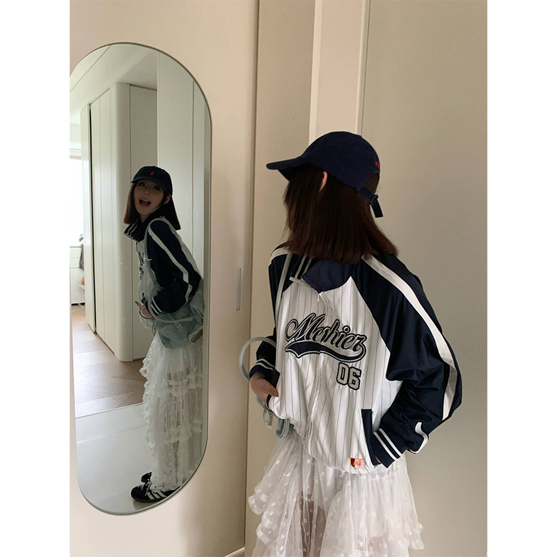 JMJ 2024美式拼接条纹运动立领外套男女春秋宽松休闲上衣外套