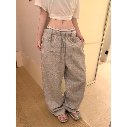 JMJ 美式设计感纽扣松紧腰阔腿卫裤男女慵懒风宽松休闲百搭长裤