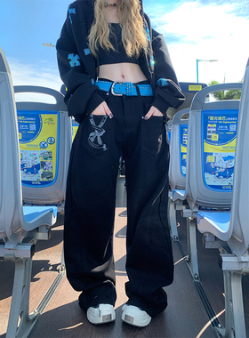 JMJ 美式复古设计感刀叉字母印花牛仔裤男女宽松百搭潮流直筒长裤