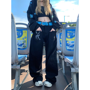 男女宽松百搭潮流直筒长裤 复古设计感刀叉字母印花牛仔裤 美式 JMJ