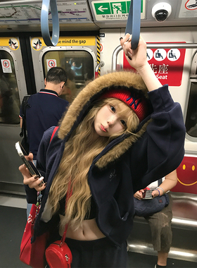 JMJ 美式复古毛领摇粒绒刺绣连帽开衫卫衣男女秋冬宽松百搭外套