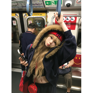 卫衣男女秋冬宽松百搭外套 复古毛领摇粒绒刺绣连帽开衫 JMJ 美式