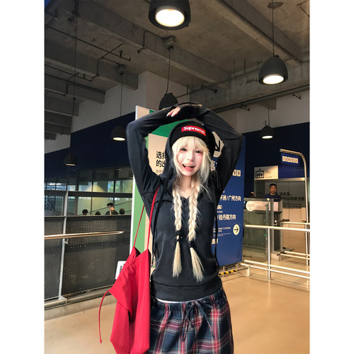 JMJ美式纯色做旧抽绳连帽V领卫衣女秋冬修身显瘦休闲百搭套头上衣