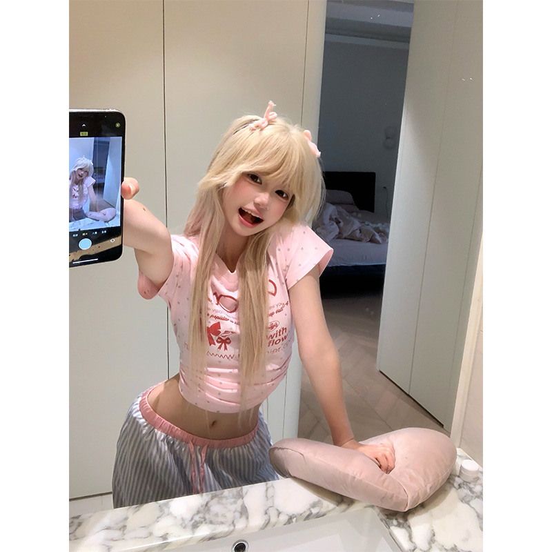 JMJ夏季美式慵懒字母波点印花短袖T恤夏季男女休闲显瘦百搭短上衣