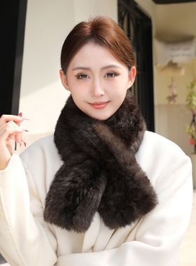 韩版真兔毛编织围巾女秋冬双面加厚保暖围脖高级感百搭皮草毛领子