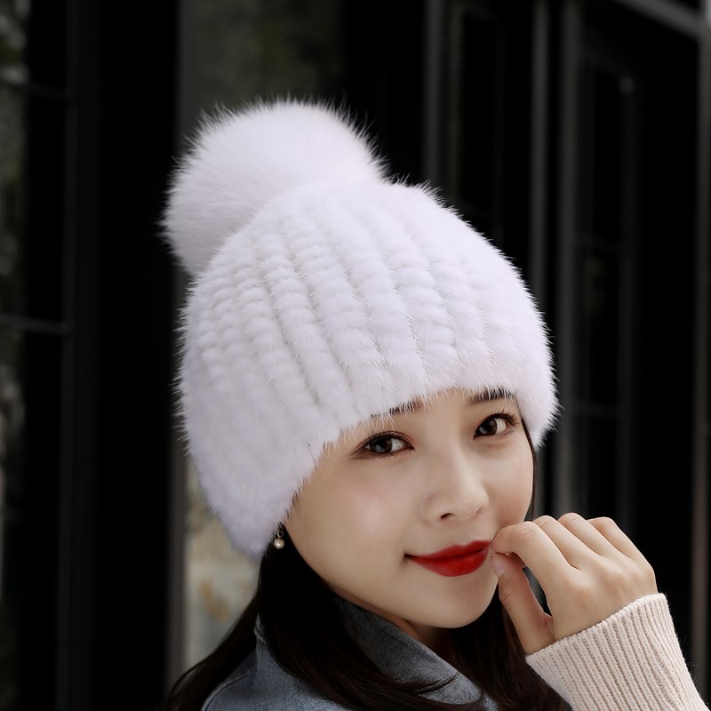 新款貂皮帽子女士冬季貂毛编织皮草帽子韩版加厚保暖狐狸毛球帽