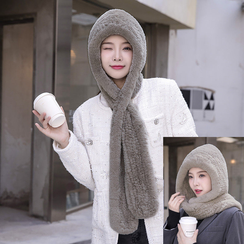 獭兔毛编织帽子女冬季兔毛围风雪帽中老皮草加厚围巾帽子一体两用