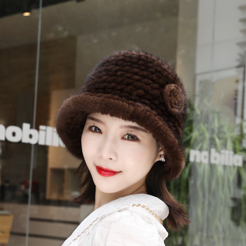 韩版中老年水貂帽子女士冬季保暖护耳水貂毛皮草编制盆帽渔夫帽女