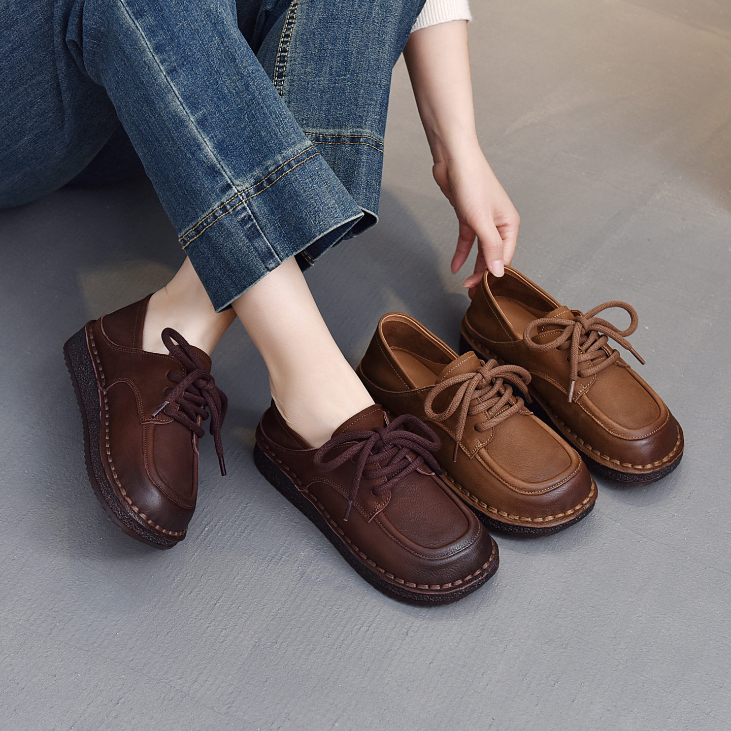 2026年春季新款头层牛皮民族风复古系带舒适软底厚底单鞋英伦皮鞋,女鞋,乐福鞋（豆豆鞋）,淘宝优惠券,粉丝福利购,淘宝优惠卷