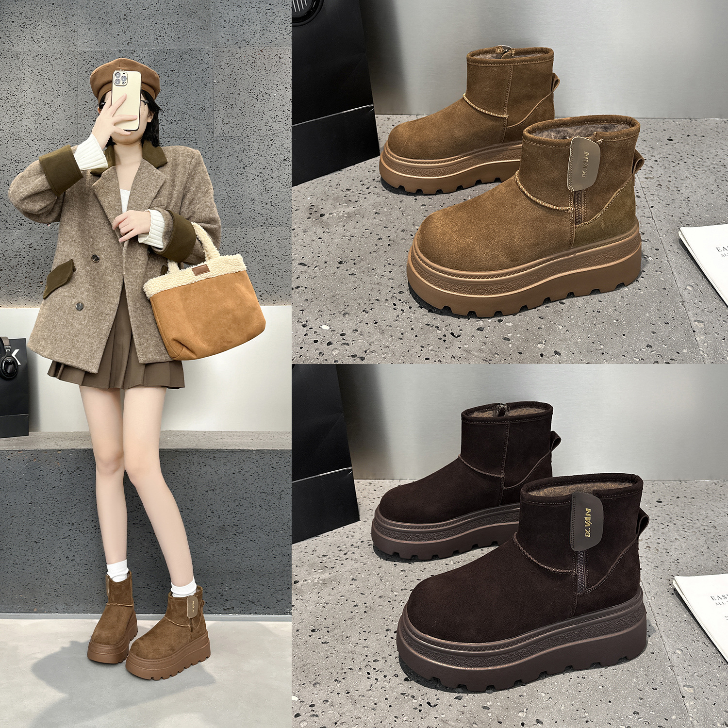 小个子时尚厚底增高大棉马丁靴加绒2025冬短筒短靴防滑女靴显瘦潮