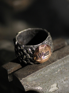 跋折罗VAJRA原创 龙鳞 手工纯银戒指22K点金粗犷复古指环重磅银饰