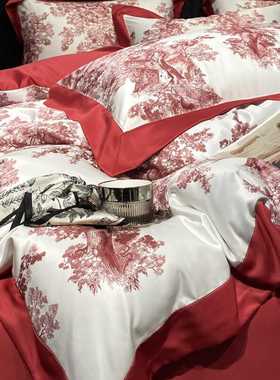复古赫本风红色冰丝绸缎四件套结婚真丝滑被套不沾毛床单婚庆床品