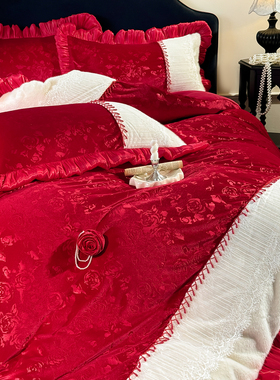 红色玫瑰雕花红丝绒冬季四件套花边被套牛奶毛绒床单结婚加厚床品