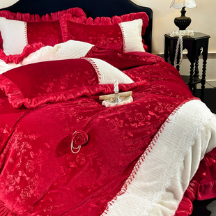 红色玫瑰雕花红丝绒冬季 四件套花边被套牛奶毛绒床单结婚加厚床品