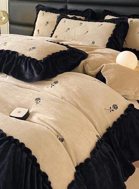 法式复古风刺绣牛奶绒四件套黑色大花边被套珊瑚毛绒床单主卧床品