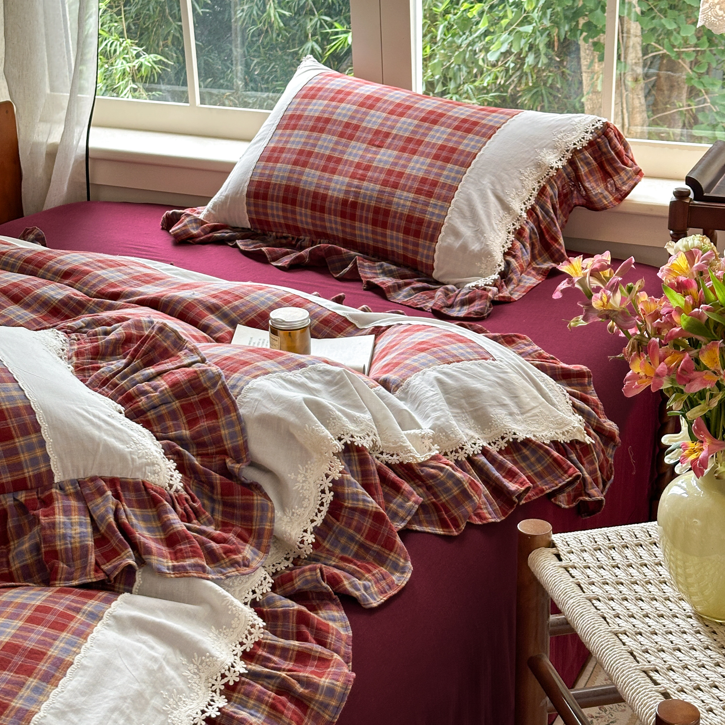 红色格子浪漫风结婚床品四件套