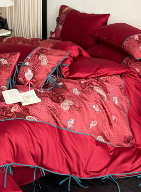 高级感红色全棉长绒棉锦鲤刺绣四件套主卧结婚被套喜庆床单2m床品