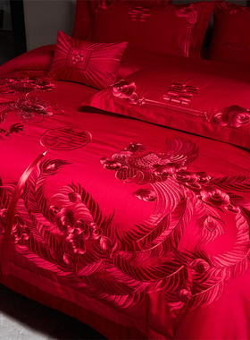 高级感龙凤中式全棉刺绣四件套纯棉婚房出嫁红色床盖喜庆结婚床品
