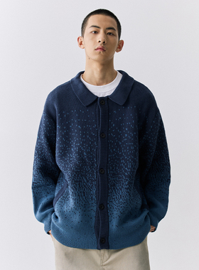 YKHD像素渐变慵懒风美式潮流松弛感宽松翻领毛衣针织开衫外套男